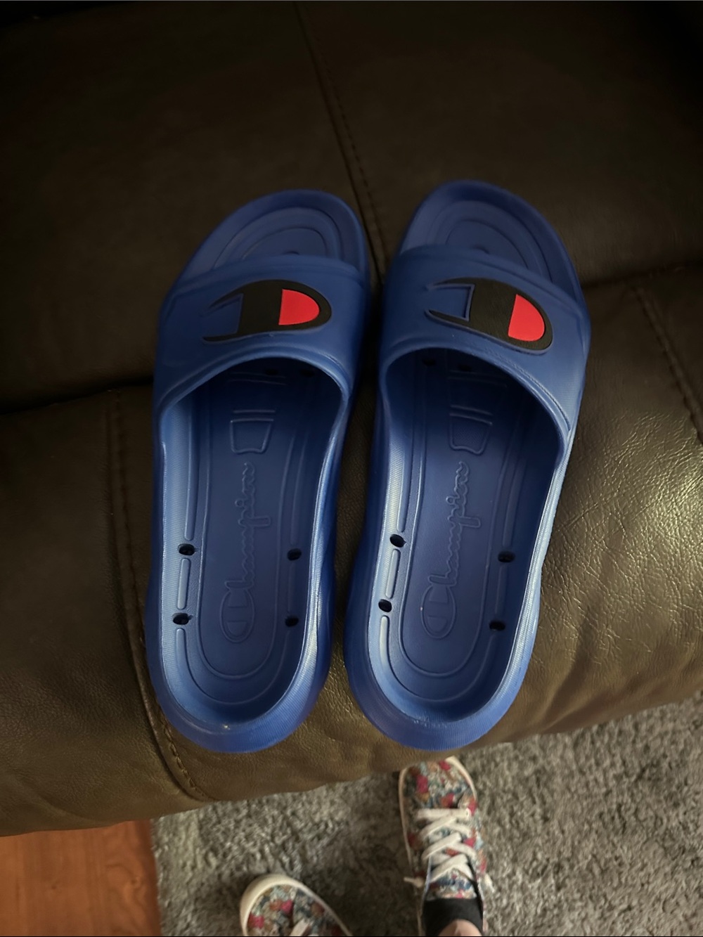 Champion Blue Slide Sandals with Black and Red Logo